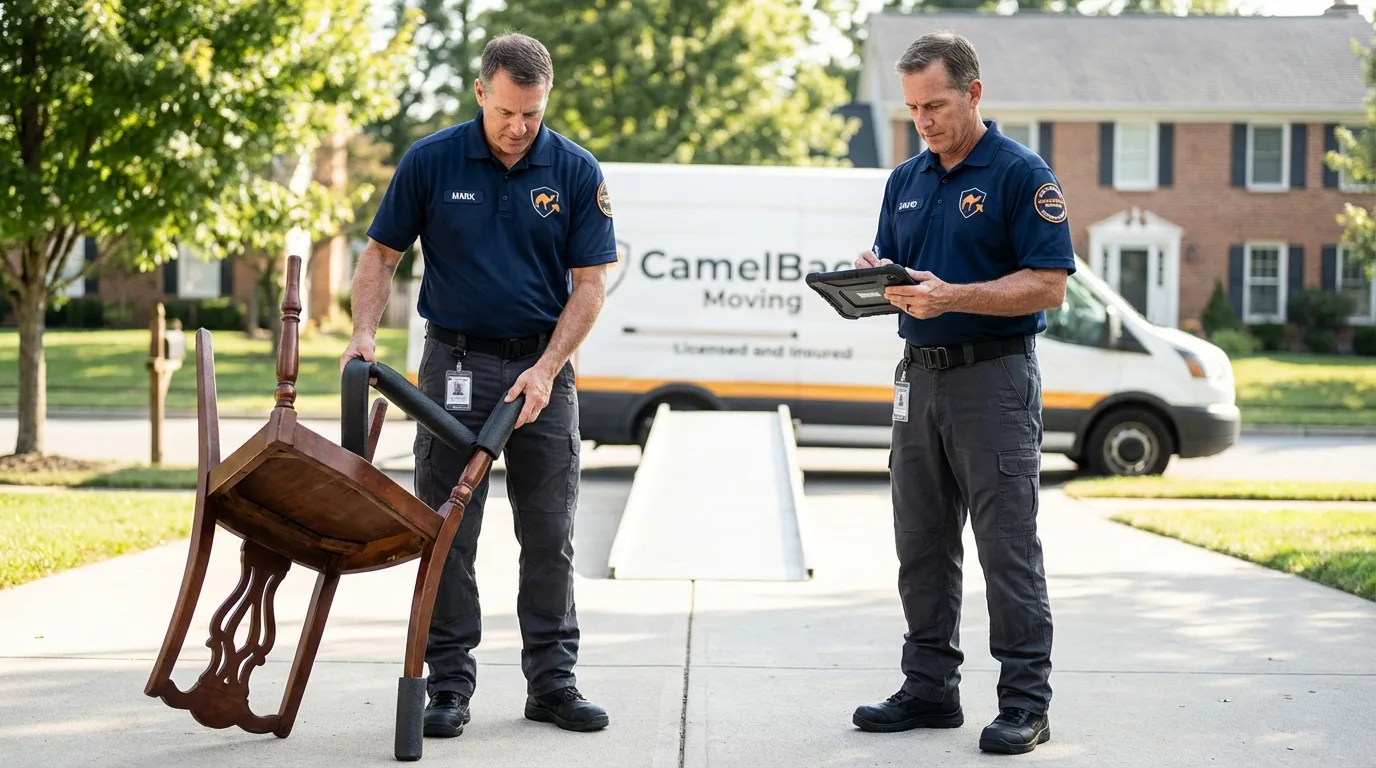 Movers inspecting furniture for damage prevention before loading in Grand Canyon, AZ