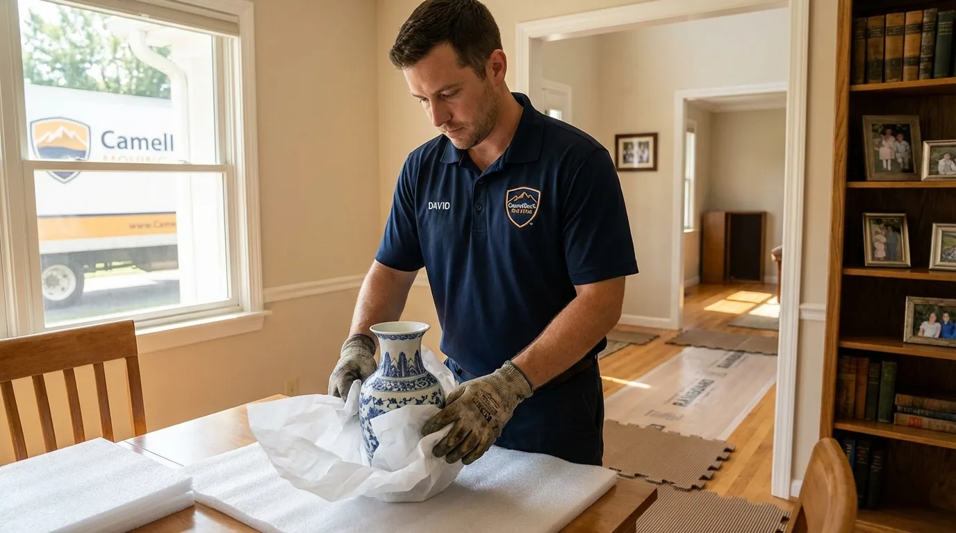 Professional crew carefully wrapping antique vase for senior downsizing move in Grand Canyon, AZ